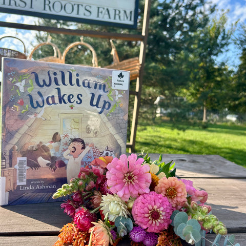 Outdoor Story Time and flower farm morning for kids at First Roots Farm in Oconomowoc, Wisconsin.