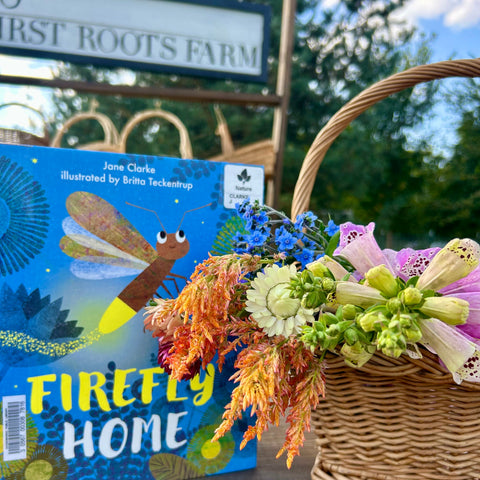 Outdoor Story Time for families at First Roots Farm flower farm during summer bloom season.