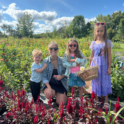 Summer Story Time and flower picking for kids at First Roots Farm in Oconomowoc, Wisconsin.