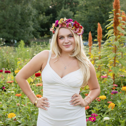 Floral crown workshop in Oconomowoc, Wisconsin with fresh flowers and hands-on floral design.