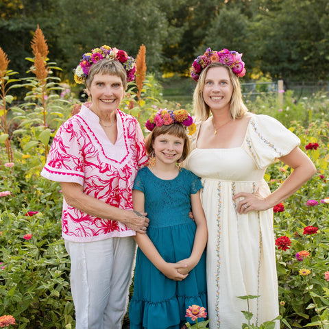 Handmade flower crowns created during a floral workshop at First Roots Farm in  Oconomowoc Wisconsin.